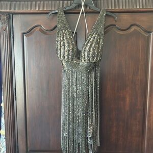 Mandalay lilac, gunmetal and goldish beaded designer mini Dress. Stunning!